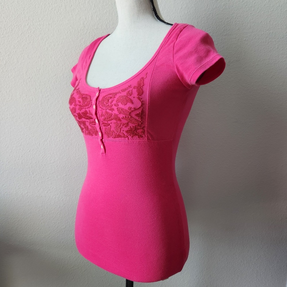 Vintage Y2k Aeropostale Stretch Women Small Petite Pink Button Shortsleeve Shirt
